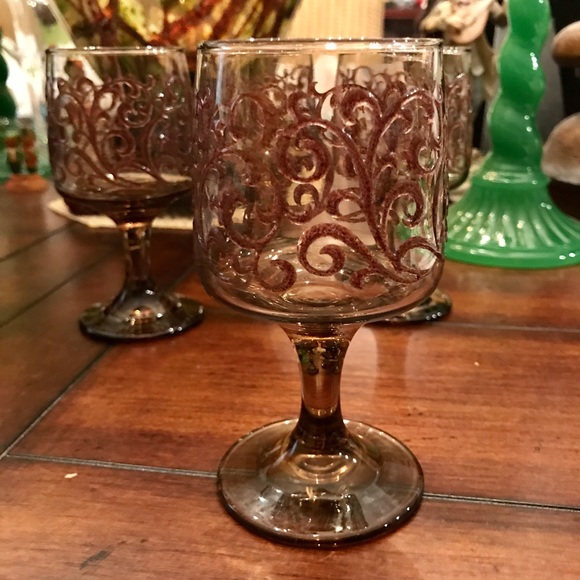 Vintage Libbey Glass Prado Tawny Brown Raised Scroll Wine Glass Set(4) USA 70's - Picture 5 of 8